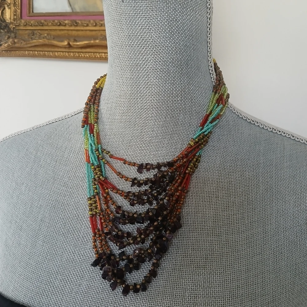 Colorful Peyote Multi-Stand Seed Bead Bohemian Necklace Native American Artistic